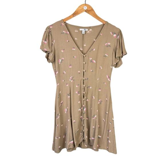 Amuse Society Yours to Keep Tan Light Brown Floral Crinkle Button Up Mini Dress - Picture 9 of 12